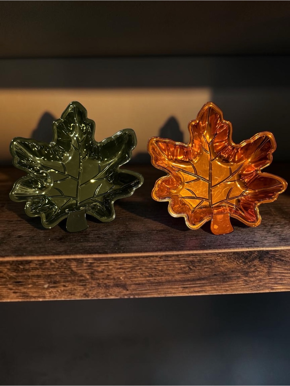 Maple Leaf Trinket Trays Set of 2 NEW 6” Green Amber Fall Decor Dish